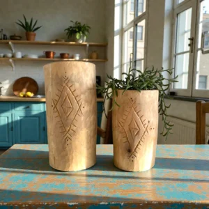 Håndlavet trævase / beholder med berbermønster – Marokko